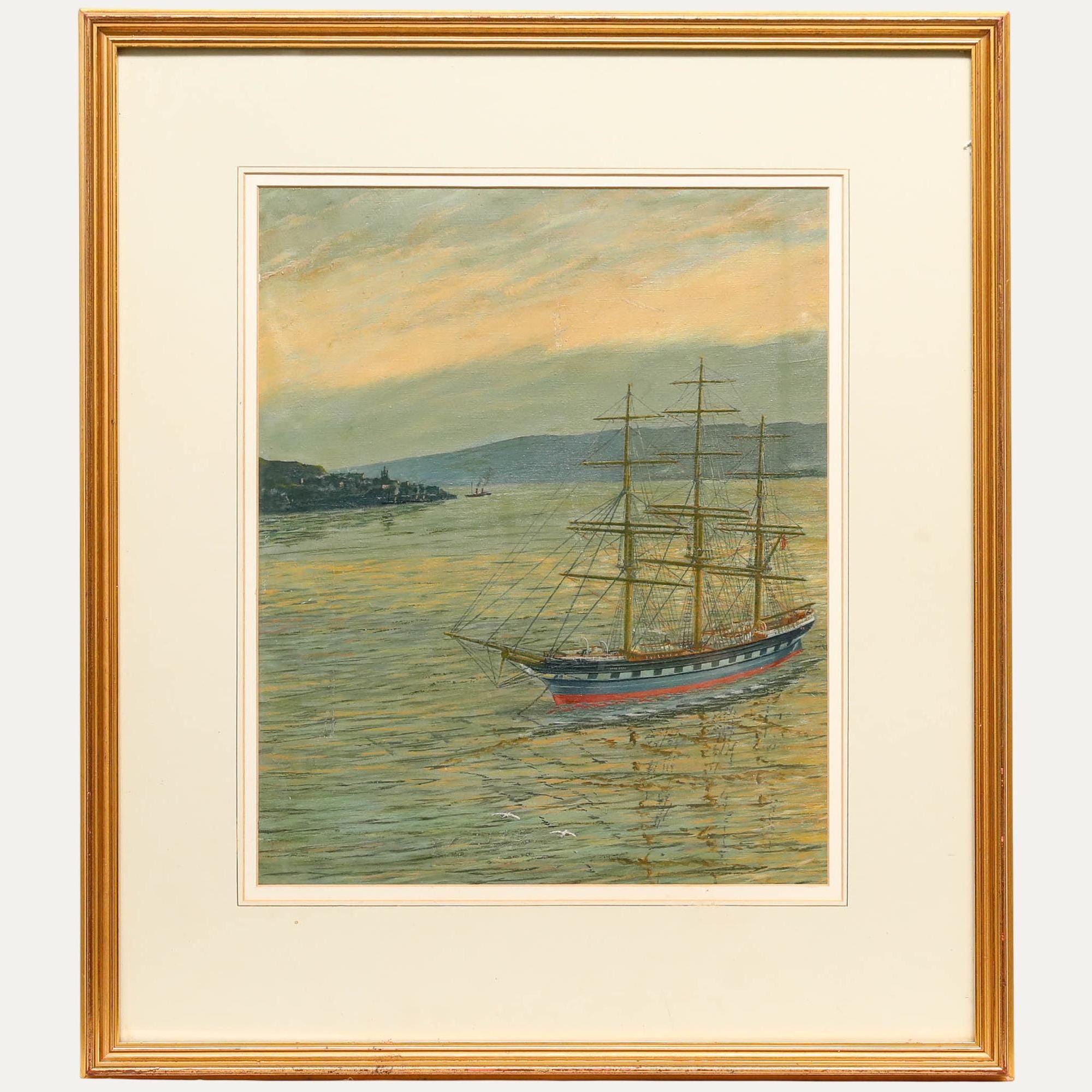 額入り20世紀の油絵 - 錨泊する帆船 オリジナルヴィンテージ