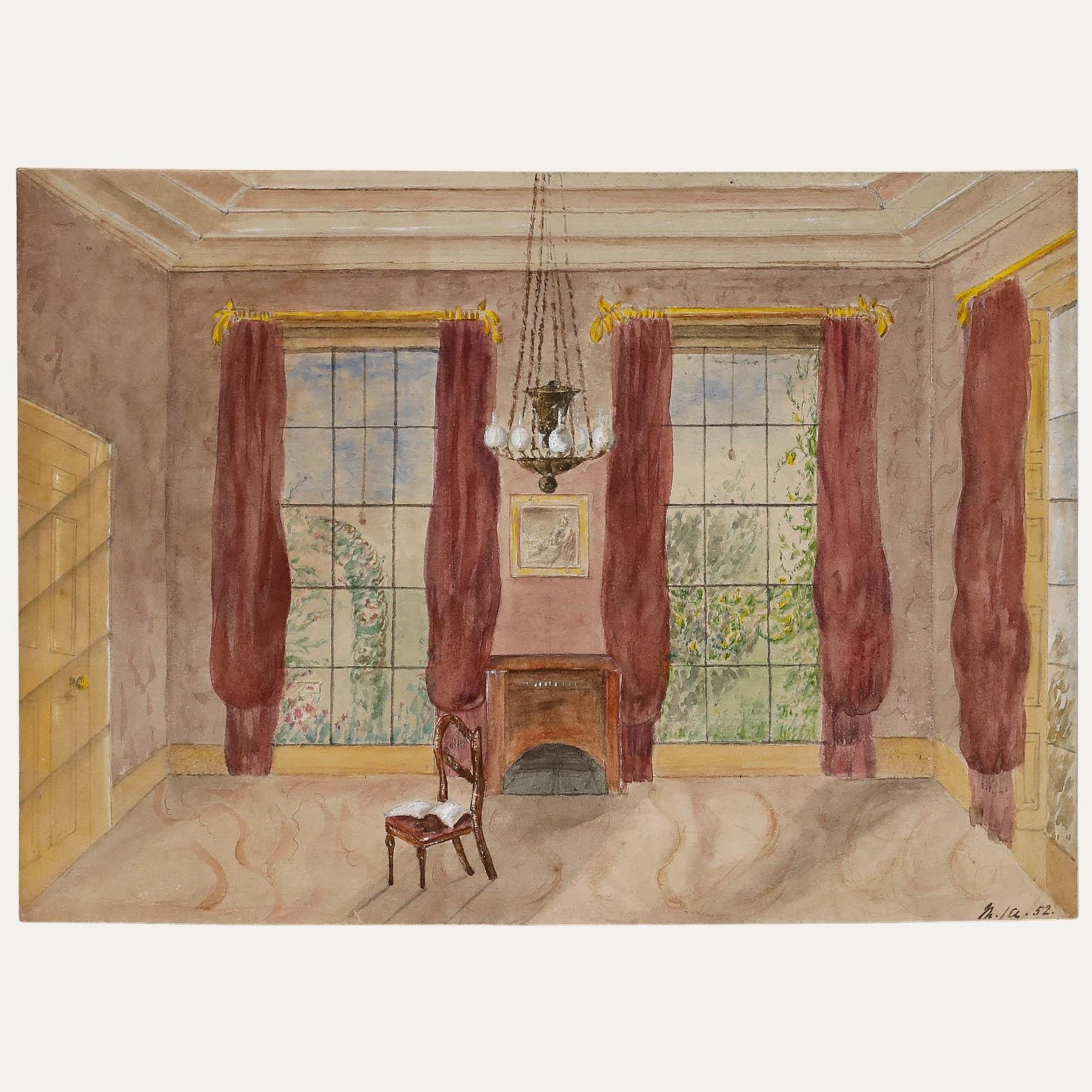 1852 Watercolour - the Drawing Room Original Vintage Antique