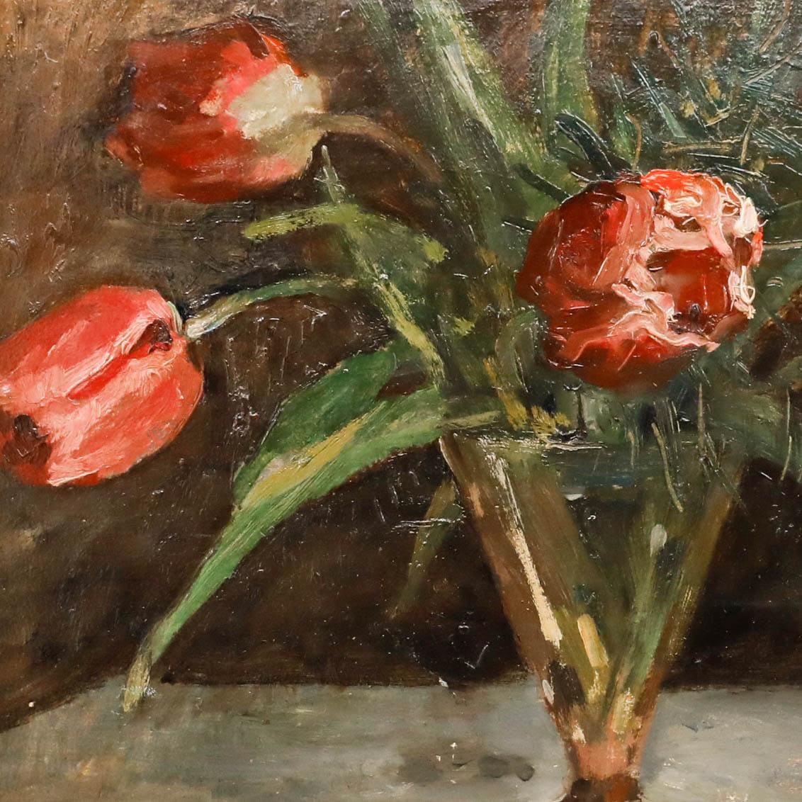 20世紀半ばの油絵 - ガラスの花瓶に入ったチューリップ オリジナル