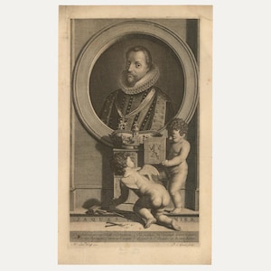 After Adriaen van der Werff (1659-1722) - 17th Century Engraving, King James I Original Vintage Antique Artwork