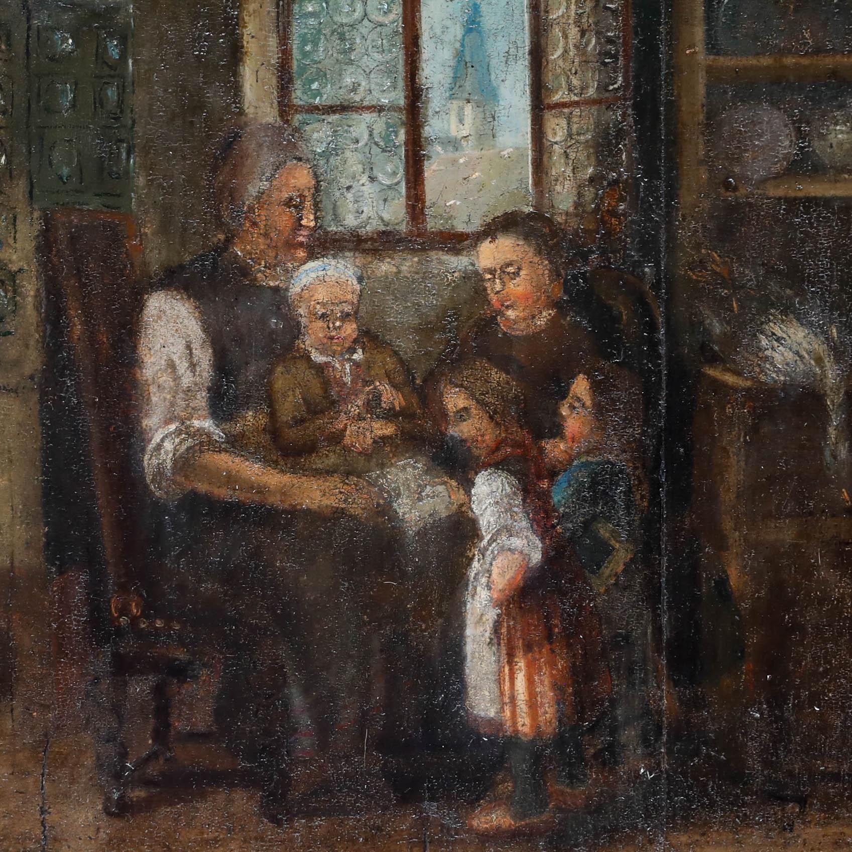 額入り19世紀の油絵 - 家族の風景 オリジナルヴィンテージ