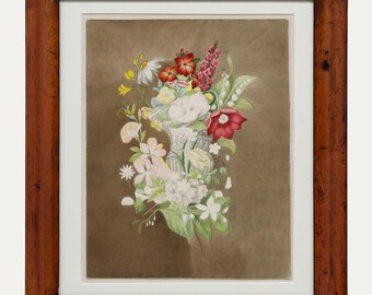 May include: A framed watercolor painting of a floral arrangement. The bouquet features white, red, pink, and yellow flowers, with green leaves, in a decorative vase. The artwork is set against a brown background, framed in a wooden frame.