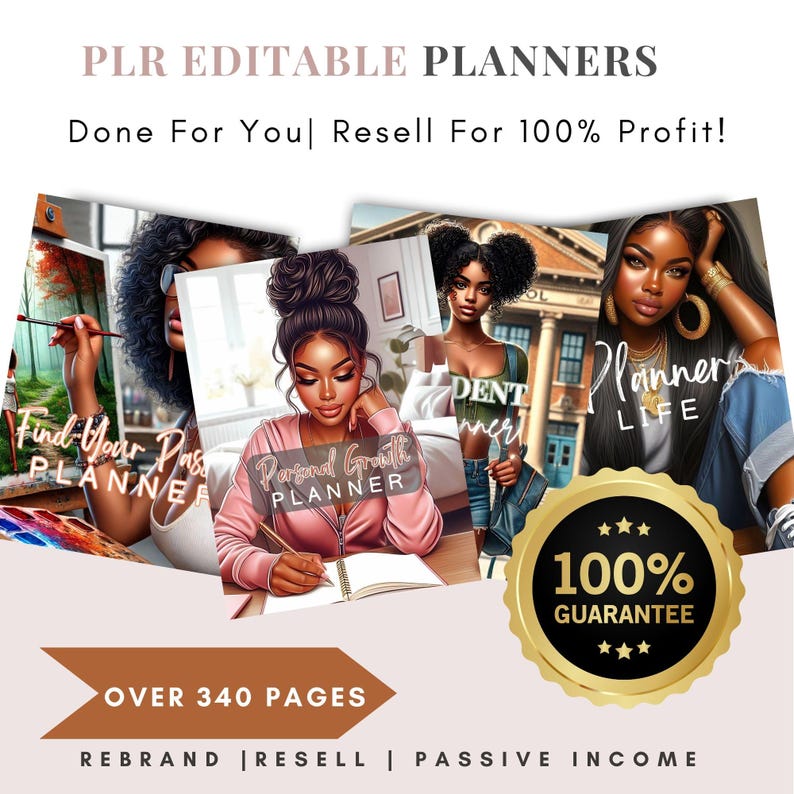K&ouml;nnte beinhalten: Vier verschiedene Planer-Cover mit Illustrationen von Frauen. Die Cover sind mit "Find Your Passion Planner", "Personal Growth Planner", "Planner Life" und "100% Guarantee" betitelt. Der Text "Over 340 Pages" befindet sich am unteren Rand des Bildes.