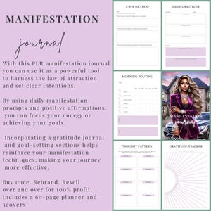 Op de afbeelding: Een paarse en witte digitale planner met de tekst "MANIFESTATION journal" op de omslag. De planner bevat secties voor dagelijkse dankbaarheid, ochtendroutine, denkpatronen en een dankbaarheidstracker.