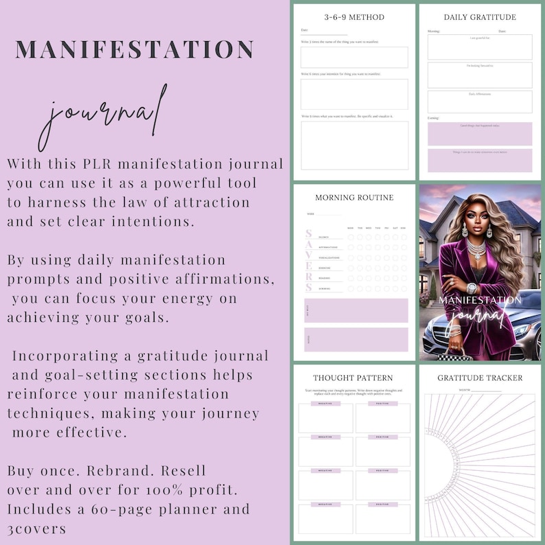 Op de afbeelding: Een paarse en witte digitale planner met de tekst "MANIFESTATION journal" op de omslag. De planner bevat secties voor dagelijkse dankbaarheid, ochtendroutine, denkpatronen en een dankbaarheidstracker.