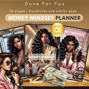 May include: A digital planner with a pink and gold color scheme featuring a woman with long black hair and a stack of cash. The planner is titled "Money Mindset Planner" and includes the text "PLR & MRR".