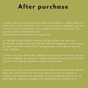 May include: A text-based guide on how to download digital products purchased from Etsy. The guide explains how to access the digital file after purchase and how to use the file in Canva.