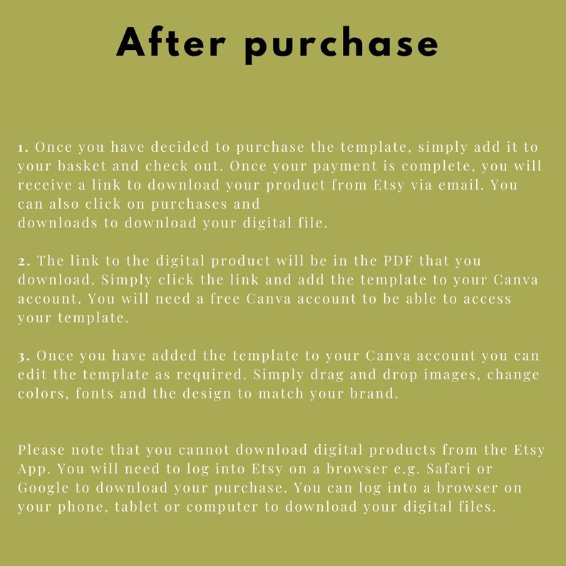 May include: A text-based guide on how to download digital products purchased from Etsy. The guide explains how to access the digital file after purchase and how to use the file in Canva.