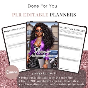 K&ouml;nnte beinhalten: Ein digitaler Planer mit einem lila und schwarzen Cover, auf dem eine Frau mit Sonnenbrille und einem Auto zu sehen ist. Der Planer tr&auml;gt den Titel "Planner Manifestation" und enth&auml;lt Abschnitte zum Manifestieren, Visualisieren und Ausrichten. Der Text "3 M&ouml;glichkeiten, ihn zu verwenden" befindet sich unter dem Planer, mit Aufz&auml;hlungszeichen, die beschreiben, wie man den Planer verwendet.
