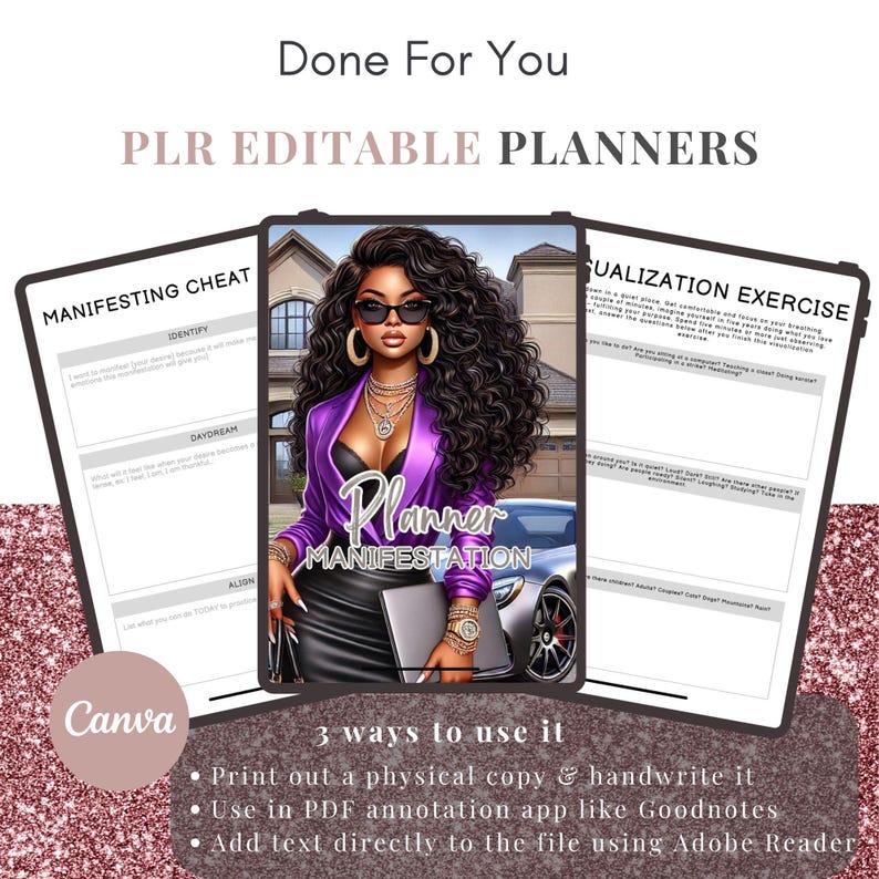 K&ouml;nnte beinhalten: Ein digitaler Planer mit einem lila und schwarzen Cover, auf dem eine Frau mit Sonnenbrille und einem Auto zu sehen ist. Der Planer tr&auml;gt den Titel "Planner Manifestation" und enth&auml;lt Abschnitte zum Manifestieren, Visualisieren und Ausrichten. Der Text "3 M&ouml;glichkeiten, ihn zu verwenden" befindet sich unter dem Planer, mit Aufz&auml;hlungszeichen, die beschreiben, wie man den Planer verwendet.