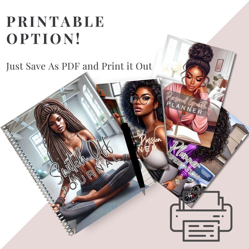 K&ouml;nnte beinhalten: Vier druckbare Planer-Cover mit Illustrationen von Frauen. Die Cover sind mit "Personal Growth Planner", "Switch Off Journal", "Passion Planner" und "Planner Manifestation" betitelt.