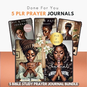 May include: A set of five printable prayer journal covers featuring black women with different hairstyles and poses. The covers include the text "Bible & Pray Journal", "Faith Path Planner", "Journal Always Praying", and "Prayer Journal".