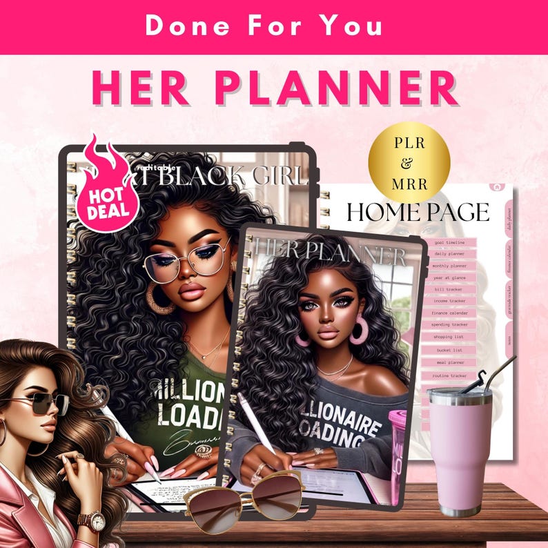 Pu&ograve; includere: Un planner con una copertina nera che presenta una donna nera con gli occhiali e il testo "Black Girl Million Load" e "Black Girl Millionaire Loading". Il planner &egrave; aperto a una pagina con un planner giornaliero, un planner settimanale e un planner mensile. Il planner &egrave; circondato da uno sfondo rosa con il testo "Done For You" e "Her Planner".