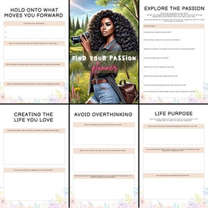 May include: A printable planner with a colorful floral background and a woman holding a camera. The planner is titled "Find Your Passion Planner" and includes sections like "Hold onto what moves you forward", "Creating the life you love", "Avoid overthinking", "Explore the passion", and "Life purpose".