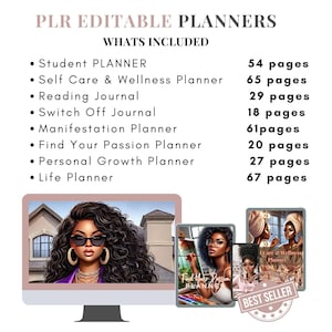 K&ouml;nnte beinhalten: Ein digitales Bundle mit druckbaren Planern f&uuml;r pers&ouml;nliches Wachstum und Selbstf&uuml;rsorge. Das Bundle beinhaltet einen Studentenplaner, einen Selbstpflege- und Wellness-Planer, ein Lesetagebuch, ein Abschaltagebuch, einen Manifestationsplaner, einen Planer, um deine Leidenschaft zu finden, einen Planer f&uuml;r pers&ouml;nliches Wachstum und einen Lebensplaner. Das Bild zeigt einen Computerbildschirm, auf dem eine Planerh&uuml;lle mit einer Frau mit Sonnenbrille und einem lila Oberteil zu sehen ist. Das Bild zeigt auch drei Planerh&uuml;llen mit einer Frau mit Sonnenbrille und einem lila Oberteil, einer Frau mit Sonnenbrille und einem lila Oberteil und zwei Frauen mit Sonnenbrille und lila Oberteilen. Der Text "BEST SELLER" ist auf dem Bild zu sehen.
