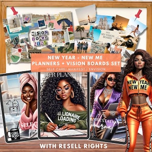 2025 Vision Board Kit Digital Planner Bundle, PLR Manifestation, Self Care & That Girl Journal, Vision Board Workbook Ebook Printable Kit