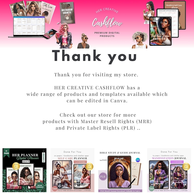 Pu&ograve; includere: Una grafica rosa e bianca con il testo "HER CREATIVE CASHFLOW" e "Grazie" in grandi caratteri grassetto. La grafica presenta immagini di planner e diari digitali con illustrazioni di donne di colore. Il testo "PREMIUM DIGITAL PRODUCTS" &egrave; incluso anche.