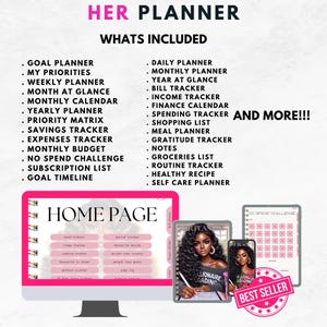 Pu&ograve; includere: Un planner digitale con uno schema di colori rosa e nero. Il planner include una variet&agrave; di tracker, tra cui un planner di obiettivi, un planner giornaliero, un planner mensile, un planner annuale, un tracker di fatture, un tracker di reddito, un calendario finanziario, un tracker di spese, una lista della spesa, un planner di pasti, un tracker di gratitudine, una sezione di note, una lista della spesa, un tracker di routine, una ricetta sana e un planner di auto-cura. Il planner include anche un tracker "No Spend Challenge". Il planner &egrave; etichettato come "Her Planner" e "Best Seller".