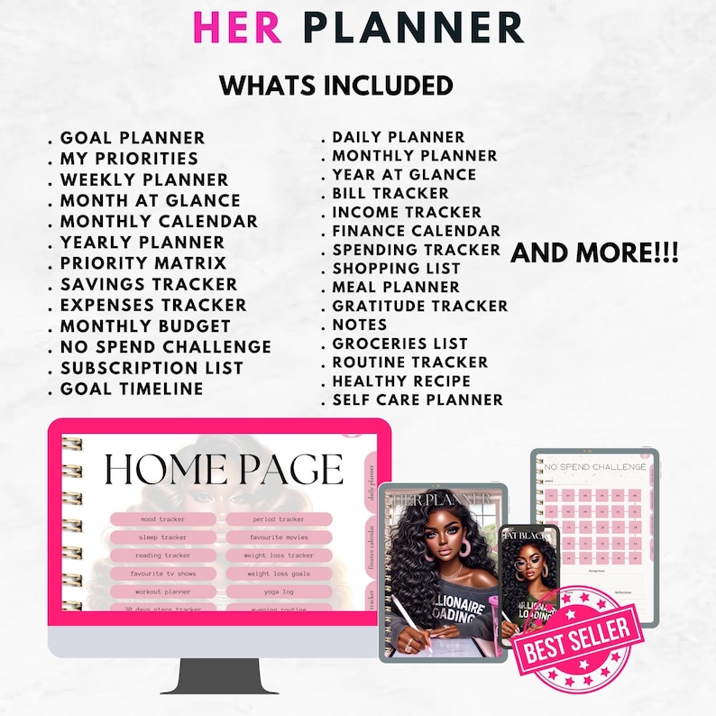 Pu&ograve; includere: Un planner digitale con uno schema di colori rosa e nero. Il planner include una variet&agrave; di tracker, tra cui un planner di obiettivi, un planner giornaliero, un planner mensile, un planner annuale, un tracker di fatture, un tracker di reddito, un calendario finanziario, un tracker di spese, una lista della spesa, un planner di pasti, un tracker di gratitudine, una sezione di note, una lista della spesa, un tracker di routine, una ricetta sana e un planner di auto-cura. Il planner include anche un tracker "No Spend Challenge". Il planner &egrave; etichettato come "Her Planner" e "Best Seller".