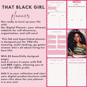 Pu&ograve; includere: Un planner rosa e nero con il testo "THAT BLACK GIRL planner" sulla copertina. Il planner ha 83 pagine e viene fornito con diritti PLR e MRR. La copertina presenta anche una donna di colore con gli occhiali e il testo "MILLIONAIRE LOADING".