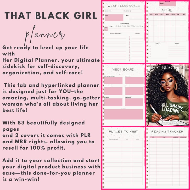 Pu&ograve; includere: Un planner rosa e nero con il testo "THAT BLACK GIRL planner" sulla copertina. Il planner ha 83 pagine e viene fornito con diritti PLR e MRR. La copertina presenta anche una donna di colore con gli occhiali e il testo "MILLIONAIRE LOADING".