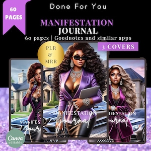 Op de afbeelding: Een digitale journalcover met drie verschillende afbeeldingen van vrouwen in paarse blazers. De tekst op de cover luidt "Manifestation Journal" en "60 pagina's | Goodnotes en vergelijkbare apps | 3 COVERS".