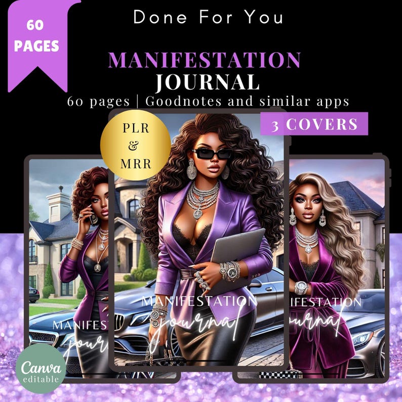Op de afbeelding: Een digitale journalcover met drie verschillende afbeeldingen van vrouwen in paarse blazers. De tekst op de cover luidt "Manifestation Journal" en "60 pagina's | Goodnotes en vergelijkbare apps | 3 COVERS".