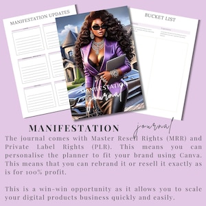 Op de afbeelding: Een digitale planner met een paarse cover en een vrouw in een paarse blazer en een zwarte leren rok. De planner heeft de titel "Manifestation Journal" en bevat secties voor manifestatie-updates, een bucketlist en persoonlijke groei.