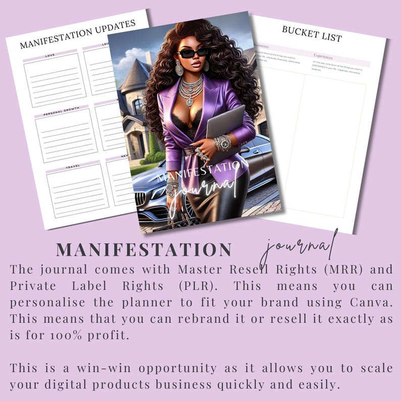 Op de afbeelding: Een digitale planner met een paarse cover en een vrouw in een paarse blazer en een zwarte leren rok. De planner heeft de titel "Manifestation Journal" en bevat secties voor manifestatie-updates, een bucketlist en persoonlijke groei.