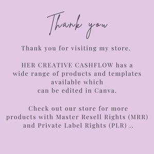 Op de afbeelding: Bedankt voor uw bezoek! HER CREATIVE CASHFLOW heeft een breed scala aan producten en sjablonen die in Canva kunnen worden bewerkt. Bekijk onze winkel voor meer producten met Master Resell Rights (MRR) en Private Label Rights (PLR).