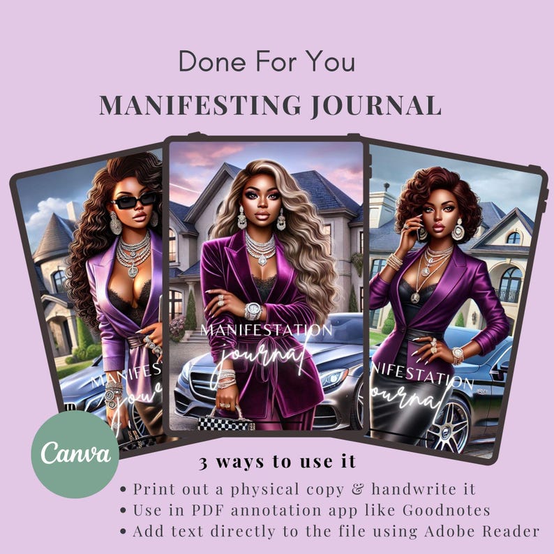 Op de afbeelding: Drie digitale journal covers met een vrouw in een paarse blazer en een zwarte rok. De covers hebben de tekst "Manifestation Journal" erop. De tekst "3 manieren om het te gebruiken" staat onder de covers. De tekst eronder zegt "Print een fysieke kopie uit en schrijf er met de hand op", "Gebruik een PDF-annotatie-app zoals Goodnotes" en "Voeg tekst rechtstreeks toe aan het bestand met Adobe Reader".