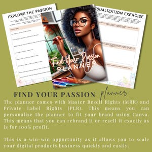 May include: A digital planner with a colorful paint palette and a woman painting. The planner is titled "Find Your Passion Planner" and includes a section titled "Explore the Passion" and another section titled "Visualization Exercise".
