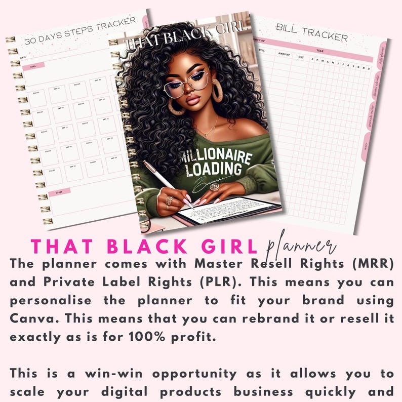 Pu&ograve; includere: Un'agenda nera e verde con il testo "That Black Girl" e "Millionaire Loading" sulla copertina. L'agenda include un tracker di passi di 30 giorni, un tracker di fatture e una sezione per appunti.