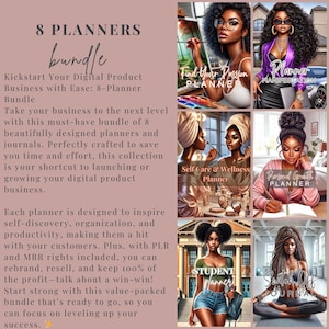 K&ouml;nnte beinhalten: Eine Sammlung von acht digitalen Planern f&uuml;r Unternehmer. Die Planer zeigen farbenfrohe Illustrationen von schwarzen Frauen und Titel wie "Find Your Passion Planner", "Self Care & Wellness Planner", "Student Planner", "Planner Manifestation", "Personal Growth Planner" und "Switch Off Journal".