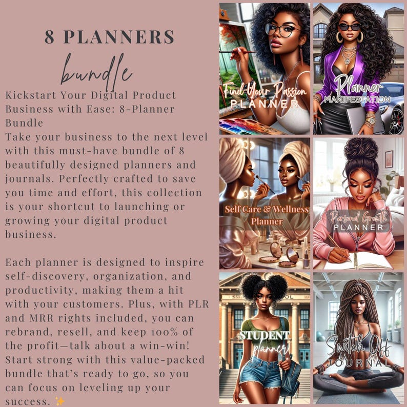 K&ouml;nnte beinhalten: Eine Sammlung von acht digitalen Planern f&uuml;r Unternehmer. Die Planer zeigen farbenfrohe Illustrationen von schwarzen Frauen und Titel wie "Find Your Passion Planner", "Self Care & Wellness Planner", "Student Planner", "Planner Manifestation", "Personal Growth Planner" und "Switch Off Journal".