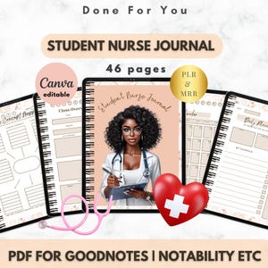 Puede incluir: Un planificador digital para estudiantes de enfermería con 46 páginas. La portada presenta una ilustración digital de una mujer negra con una bata blanca y un estetoscopio, sosteniendo un portapapeles y un bolígrafo. El planificador está diseñado para su uso con Goodnotes, Notability y otras aplicaciones para tomar notas.