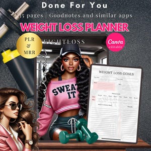 Weight Loss Planner 2025, Workout Fitness Tracker Journal, Meal Prep Food List, PLR Digital Lose Weight Diary, Get Fit Body Measurement