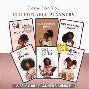 Pode incluir: Um pacote de seis planificadores de autocuidado imprimíveis com ilustrações de mulheres negras. Os planificadores incluem um planificador de amor próprio, um planificador de saúde e autocuidado, um planificador de autocuidado e bem-estar, um caderno de trabalho de amor próprio, um diário de autocuidado e um planificador de autocuidado. O texto "PLR & MRR" é visível na imagem.