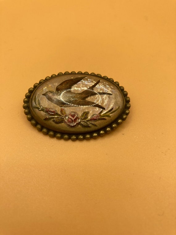 Vintage Victorian Oval Glass/Brass Bird Pin