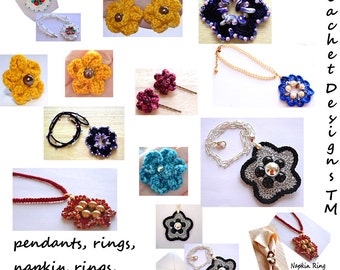 Crochet Jewelry Patterns Crochet Flower Ring Crochet Pendant Crochet Earrings Crochet Hair Pins PDF