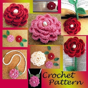 May include: Crochet pattern for a flower with a pearl center. The pattern includes instructions for making a necklace with a flower pendant and a bookmark with a flower.