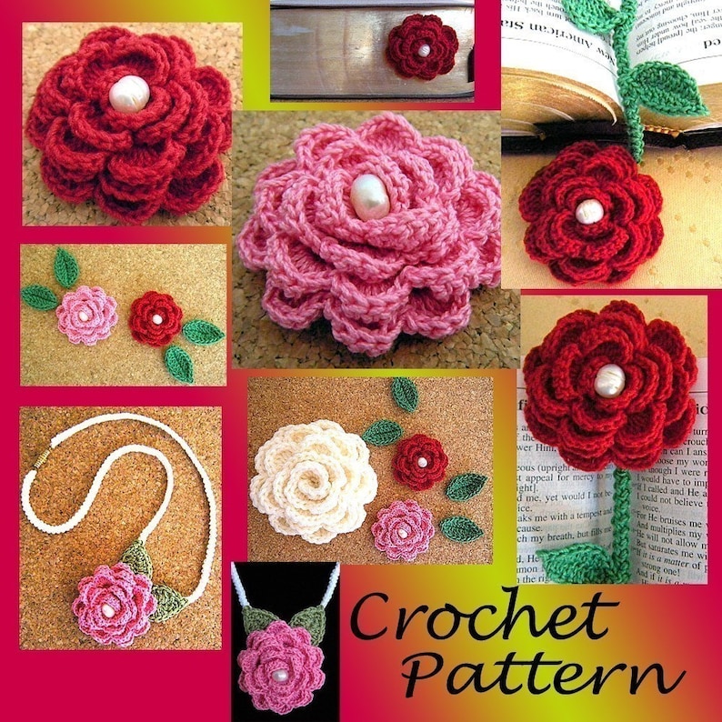 May include: Crochet pattern for a flower with a pearl center. The pattern includes instructions for making a necklace with a flower pendant and a bookmark with a flower.
