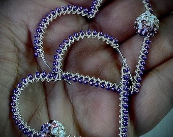 Wire Wrapped Heart Hoop Earrings, Seed Beads, Shamballa Bling