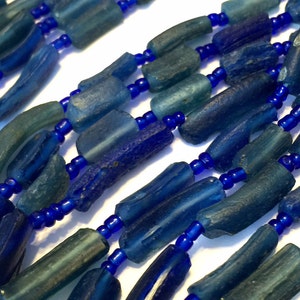COBALT Ancient roman dark glass beads whole strand slim nugget style