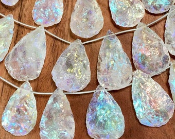 26-40mm angel aura rock crystal quartz hammered finish with AB coating top drilled pendants