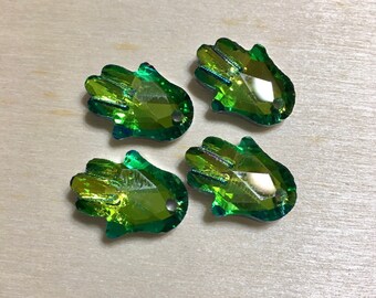 4 European GREEN Hamsa Hand Faceted Crystal briolettes top face drilled 4 pieces