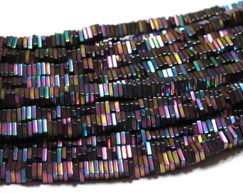 Half strand Tiny Pyrite square heishi rainbow coated beads