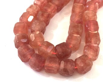 Strawberry Quartz faceted cubes 4 beads 7.5mm