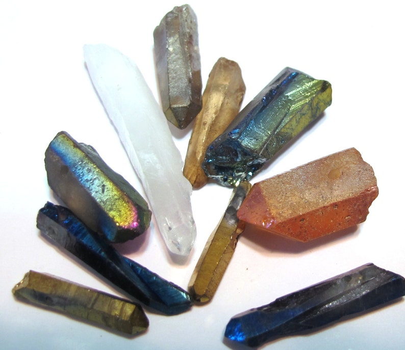 Rock crystal points 10 piece sampler set small mixed natural and coated colors image 3