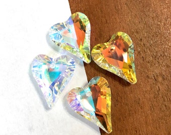 4 European Clear AB Heart Faceted Crystal Large briolettes top face drilled 4 pieces